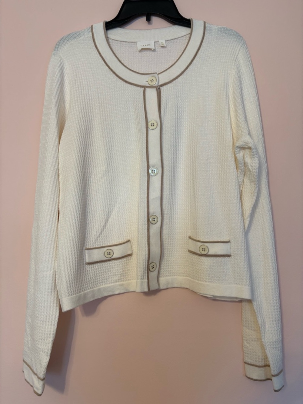 Cyrus Cream Textured Cardigan with Tan Trim